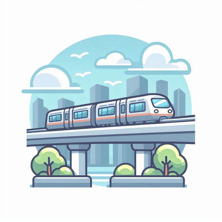 Modern high speed train on the bridge. Vector illustration in flat style.のイラスト素材