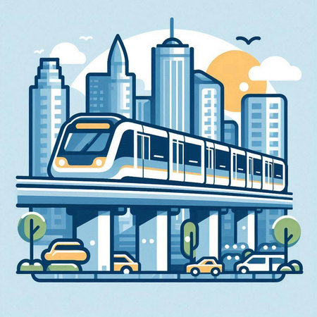 Modern high-speed train on the background of the city. Vector illustrationのイラスト素材