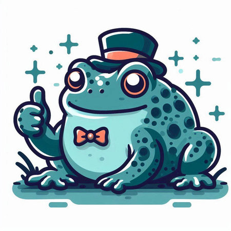 Frog in hat and bow tie with thumbs up. Vector illustration.のイラスト素材