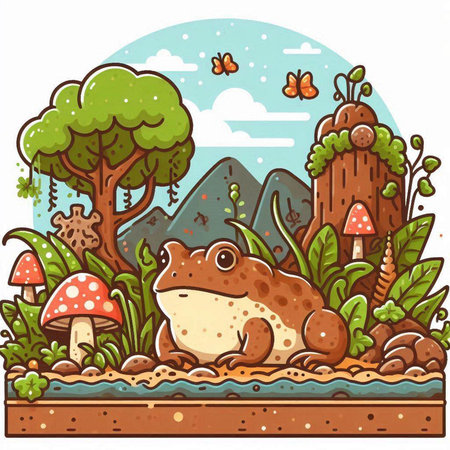 Frog in the forest. Colorful vector illustration in cartoon styleのイラスト素材
