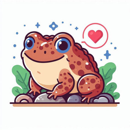Cute cartoon frog sitting on a stone. Vector illustration isolated on white background.のイラスト素材