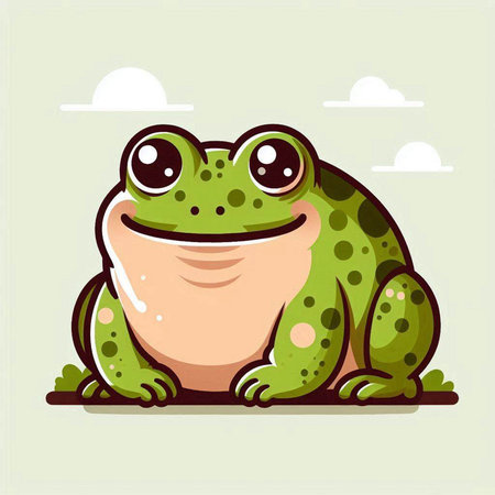 Cute cartoon frog sitting on the grass. Vector illustration in flat style.のイラスト素材
