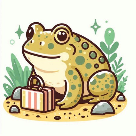 Frog sitting on the sand with a gift box. Vector illustration.のイラスト素材