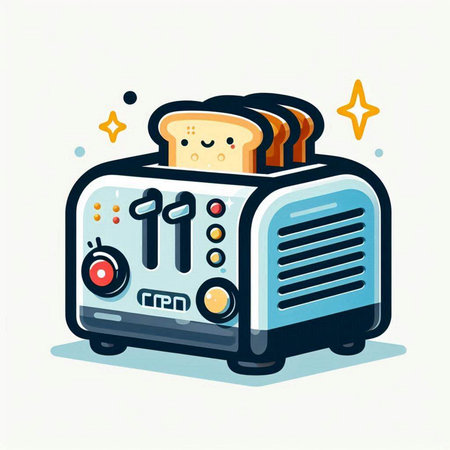 Vector illustration of a toaster with bread in cartoon style on white background.のイラスト素材