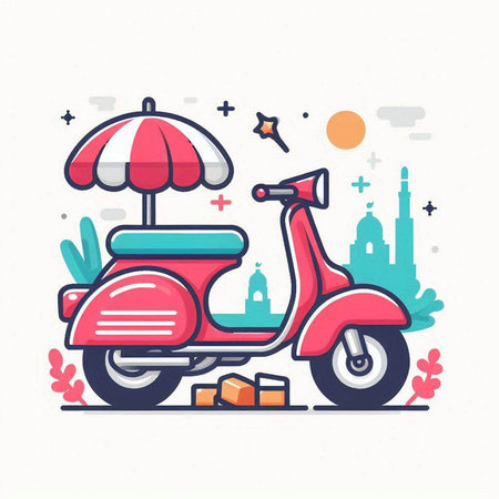 Vintage scooter with umbrella. Vector illustration in flat style.のイラスト素材