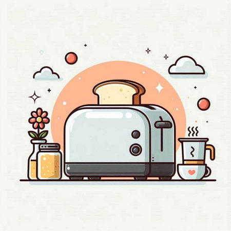 Vector illustration with toaster and coffee in flat linear style on white background.のイラスト素材