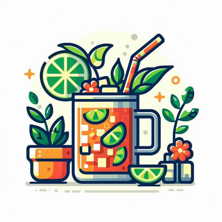 Cocktail with lime and mint. Detox drink. Vector illustrationのイラスト素材