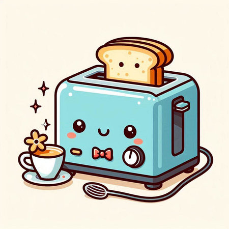 Cute cartoon toaster with a cup of coffee. Vector illustration.のイラスト素材