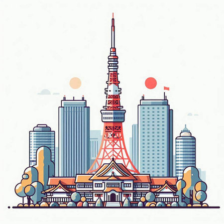 Tokyo skyline with Tokyo Tower. Vector illustration in linear style.のイラスト素材