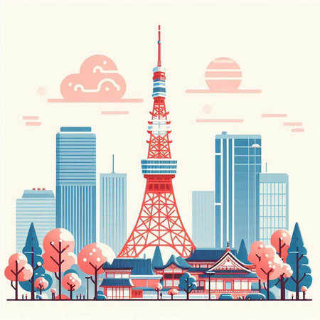 Tokyo tower in Japan. Vector illustration in flat style. Isolated on white background.のイラスト素材