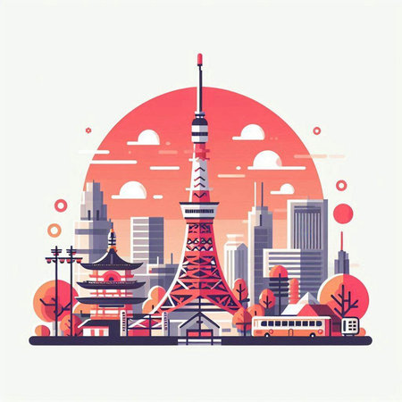 Tokyo cityscape with Tokyo tower. Vector illustration in flat styleのイラスト素材