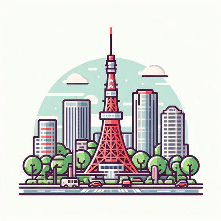 Tokyo skyline with skyscrapers and trees. Vector illustration.のイラスト素材