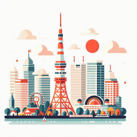 Tokyo skyline with famous landmarks. Vector illustration in flat style.のイラスト素材