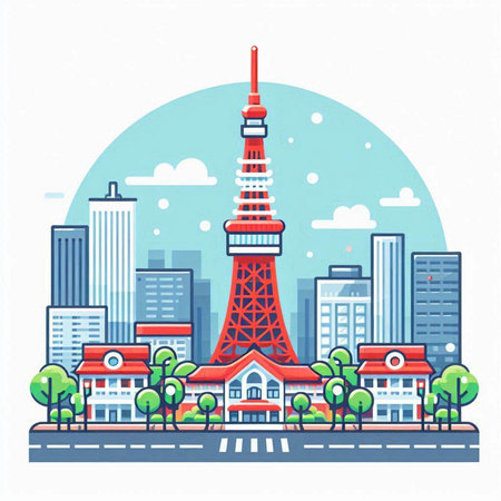 Tokyo skyline with Tokyo tower. Vector illustration in flat style.のイラスト素材