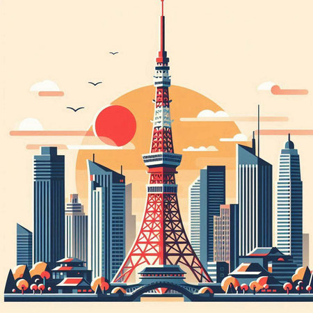 Tokyo skyline with Tokyo tower. Vector illustration in flat style.のイラスト素材