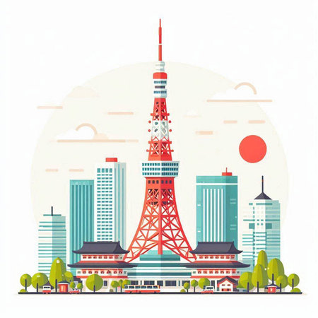 Tokyo skyline in flat style. Vector illustration with Tokyo tower in Japan.のイラスト素材