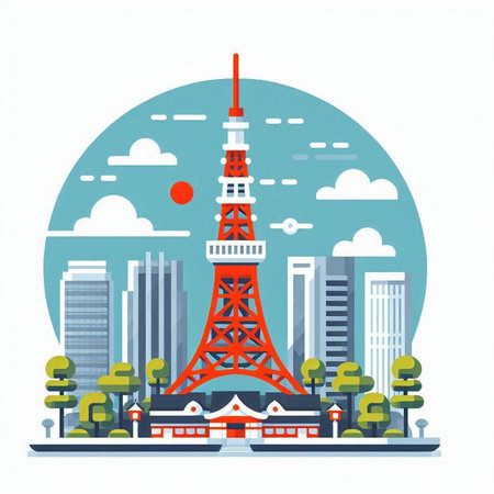Tokyo tower in Japan. Flat style vector illustration on white background.のイラスト素材