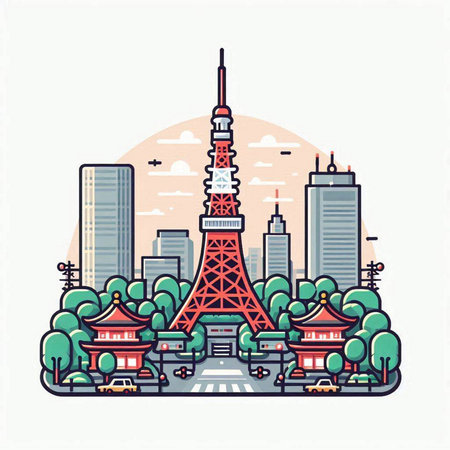 Tokyo, Japan - famous landmark. Vector illustration in line art style.のイラスト素材