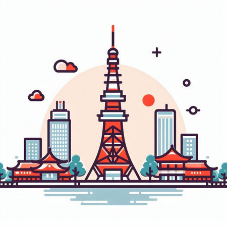 Tokyo tower, Japan. Vector illustration in flat line style.のイラスト素材