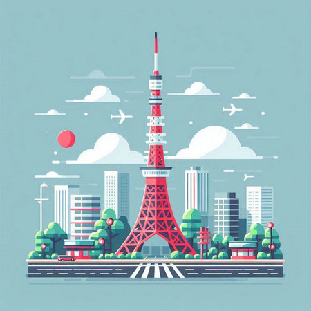 Tokyo tower. Vector illustration in flat design style. Japan.のイラスト素材