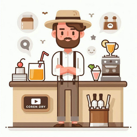 Coffee shop. Vector illustration in flat style. A man in a hat stands at the bar counter.のイラスト素材