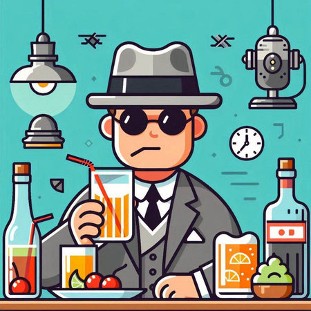 Vector illustration of a man in a hat and glasses with drinks.のイラスト素材