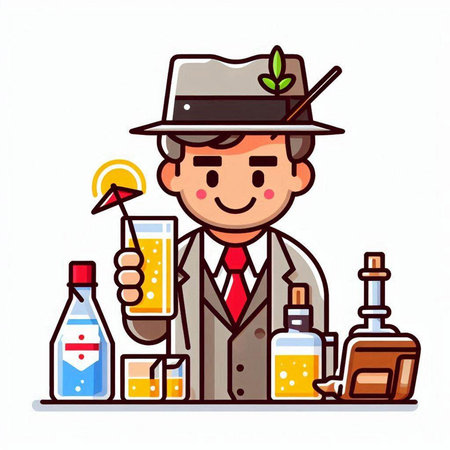 Drunk man with alcohol drinks. Vector illustration in cartoon style.のイラスト素材