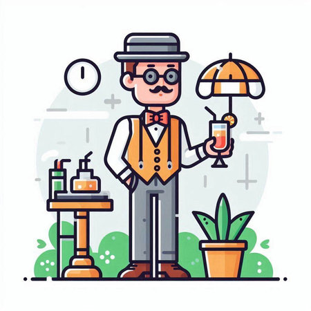 Waiter with a glass of cocktail in his hand. Vector flat illustrationのイラスト素材