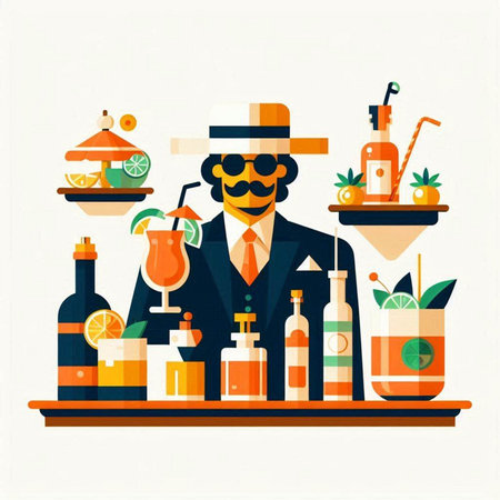 Barman with a cocktail on the bar counter. Vector illustration.のイラスト素材