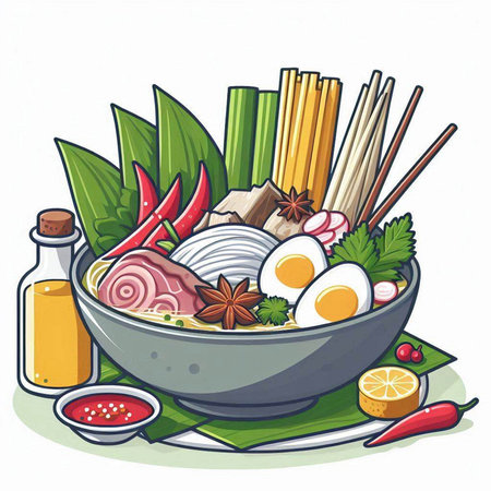 Noodles in a bowl with chopsticks and vegetables. Vector illustration.のイラスト素材