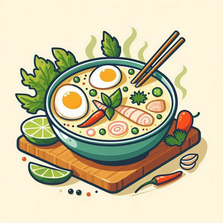Illustration of a bowl of noodle soup with chopsticks and ingredientsのイラスト素材