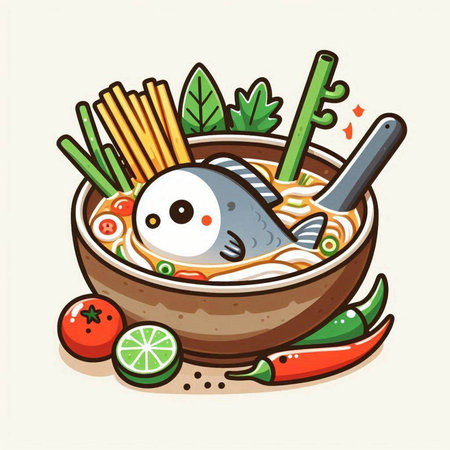Cartoon vector illustration of soup with fish and vegetables in bowl.のイラスト素材
