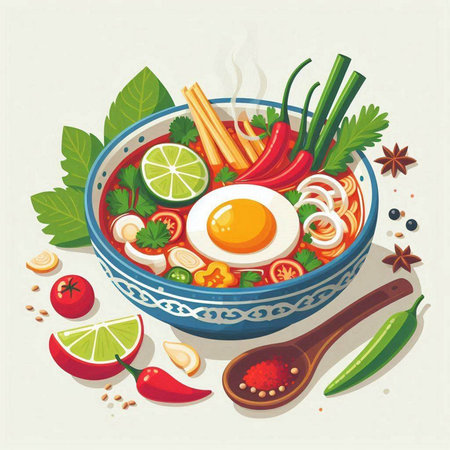 Illustration of a bowl of Thai soup with vegetables and eggs.のイラスト素材
