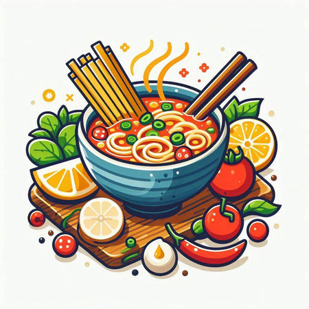 Bowl of noodle soup with vegetables and spices. Vector illustrationのイラスト素材