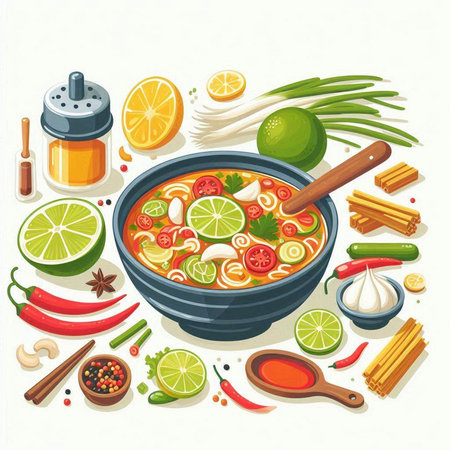 Cartoon vector illustration of spicy Thai soup in bowl with ingredients.のイラスト素材