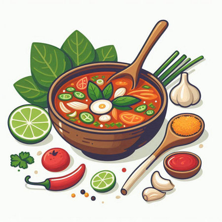 Illustration of a bowl of spicy tom yum soup with ingredientsのイラスト素材
