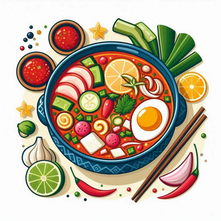 Tom yum soup in bowl with vegetables and eggs. Vector illustration.のイラスト素材
