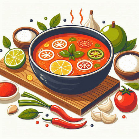 Tom Yum Goong, Thai spicy soup in bowl, vector illustrationのイラスト素材
