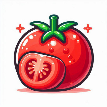 Tomato icon. Vector illustration of fresh red tomato with green leaves.のイラスト素材