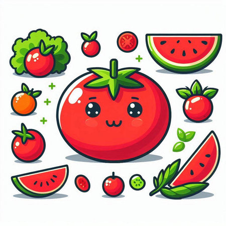 Tomato character. Cute kawaii vegetable character. Vector illustration.のイラスト素材