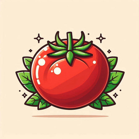 Cute cartoon tomato with green leaves isolated on white background. Vector illustration.のイラスト素材