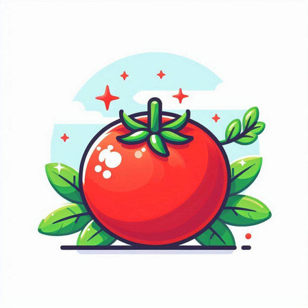 Cute red tomato with green leaves on white background. Vector illustrationのイラスト素材