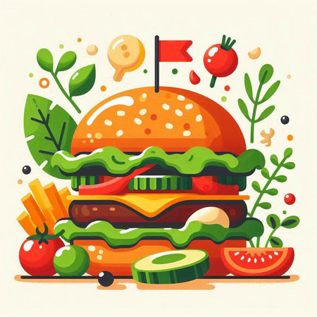 Hamburger vector illustration. Cheeseburger with fresh vegetables.のイラスト素材