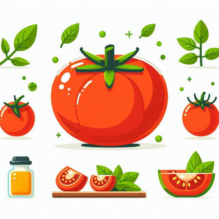 Tomato with green leaves and juice on white background. Vector illustration.のイラスト素材