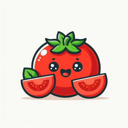 Cute kawaii tomato character with sliced tomato vector illustration.のイラスト素材