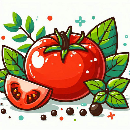 Illustration of fresh red tomato with green leaves on white background.のイラスト素材
