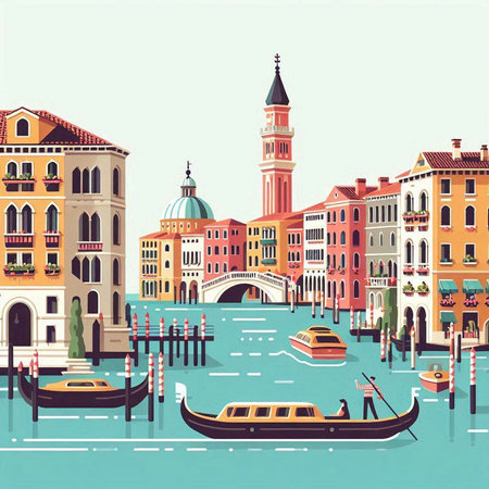 Venice, Italy. Grand canal and gondolas. Vector illustrationのイラスト素材