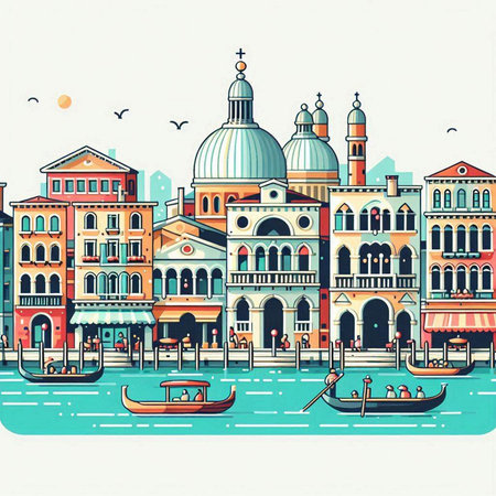 Venice, Italy. Vector colorful hand drawn illustration with gondolas, boats and houses.のイラスト素材