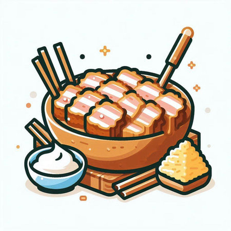 Illustration of a bowl of boiled pork with chopsticks and soy sauceのイラスト素材