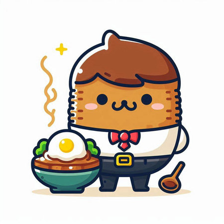 Illustration of a slice of cake mascot character with egg and spoonのイラスト素材